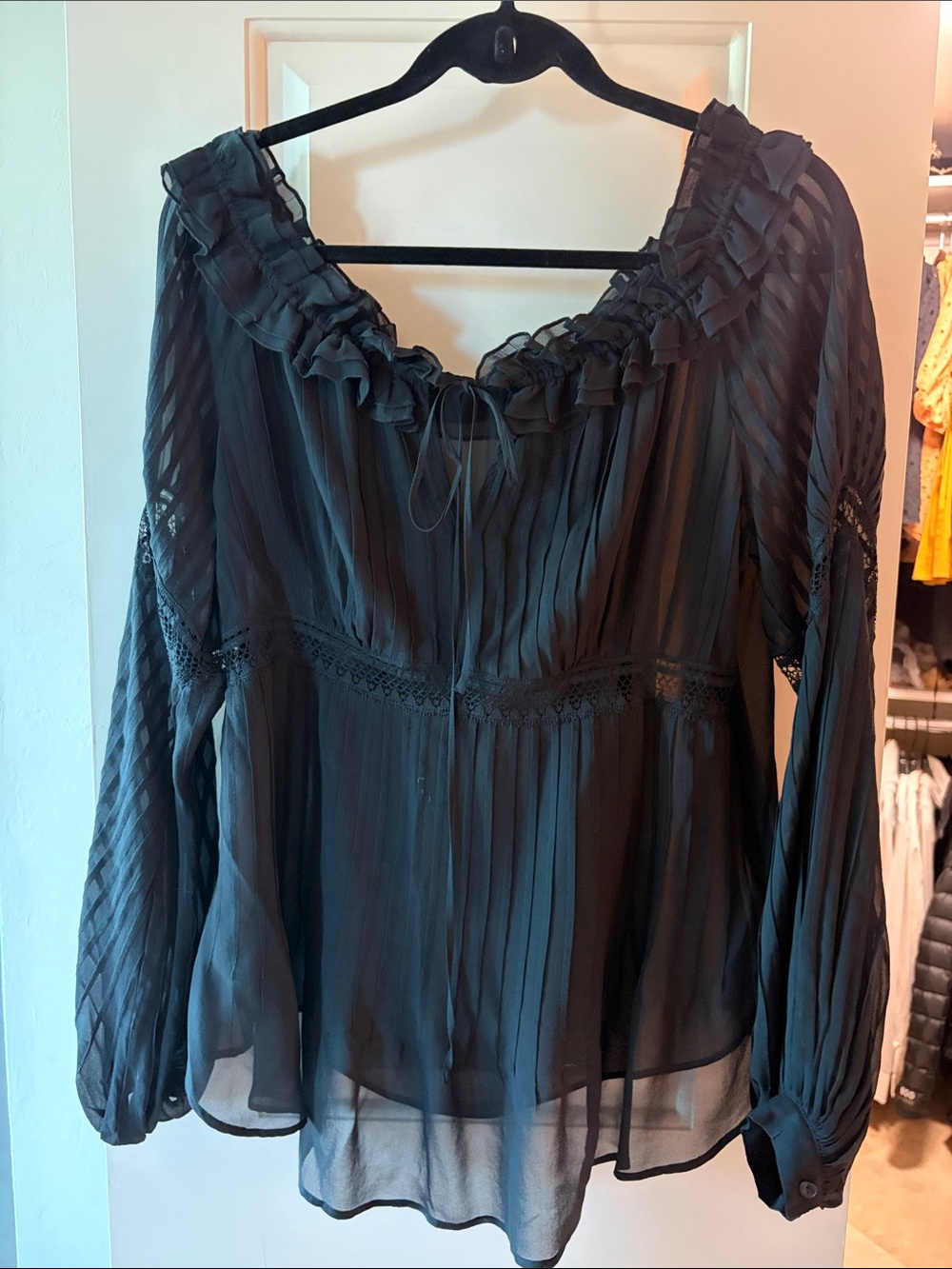 Anne Fontaine Black Ruffled Sheer Peasant Blouse